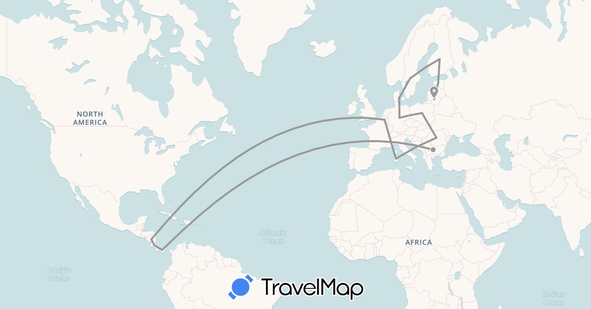 TravelMap itinerary: plane in Belgium, Bulgaria, Costa Rica, Germany, Denmark, Estonia, Finland, Italy, Lithuania, Nicaragua, Panama, Poland, Romania, Sweden (Europe, North America)